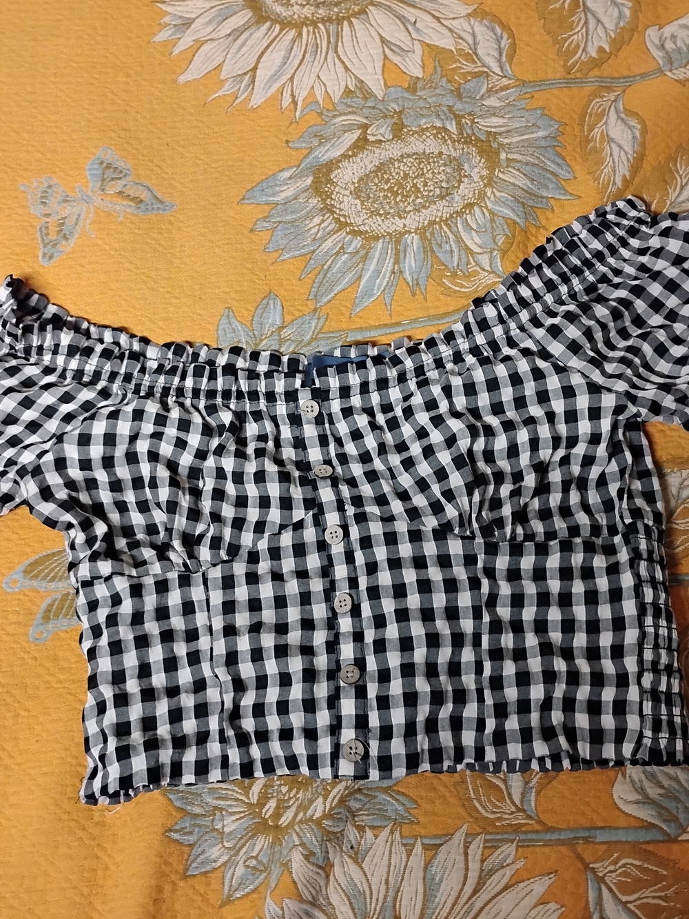 Black and White Gingham Off-Shoulder Button Front Top By Indigo Rising